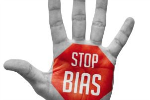 Stop Bias Sign Painted, Open Hand Raised, Isolated on White Background.