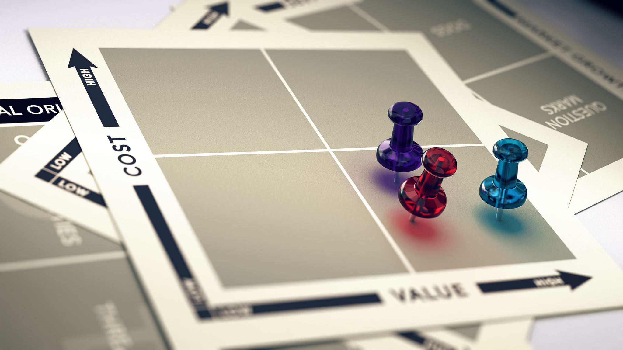 Marketing cost and value matrix with pushpins and blur effect. Concept of ROI or high value product.