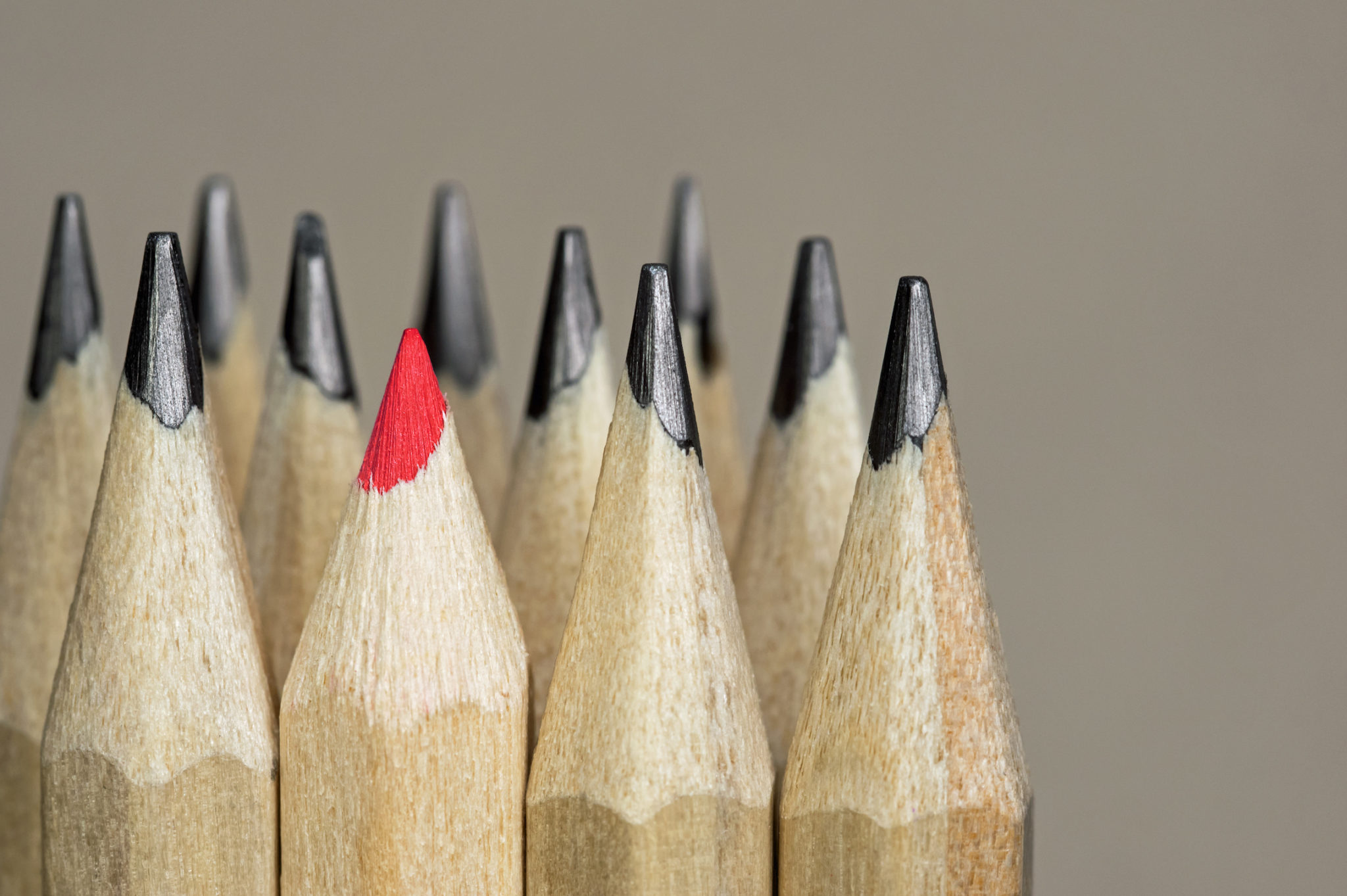 One red pencil in a crowd of regular pencils